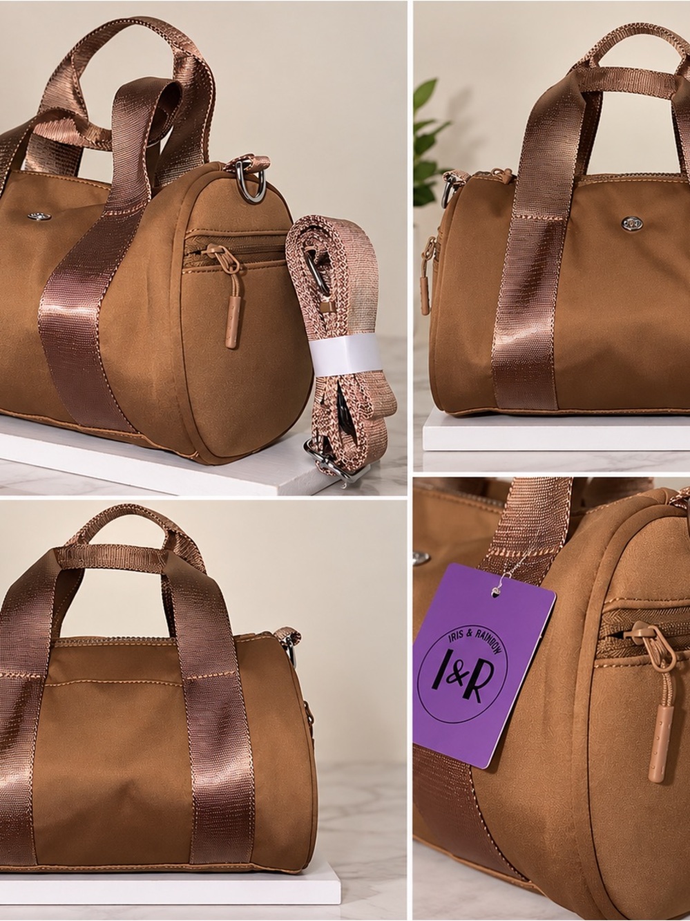 Brown Travel Barrel Bag with Satin Trim